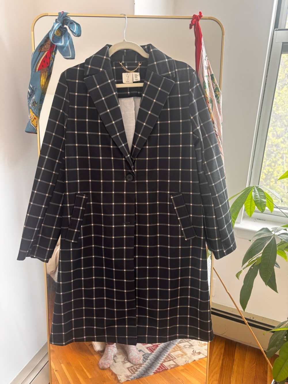 Joie Navy and White Windowpane Single-Button Pea Coat